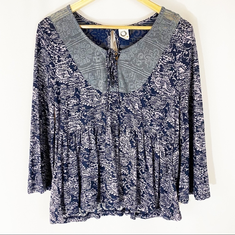 Akemi + Kin Anthropologie Paisley Lace Up Babydoll Blouse XS Navy Blue Boho